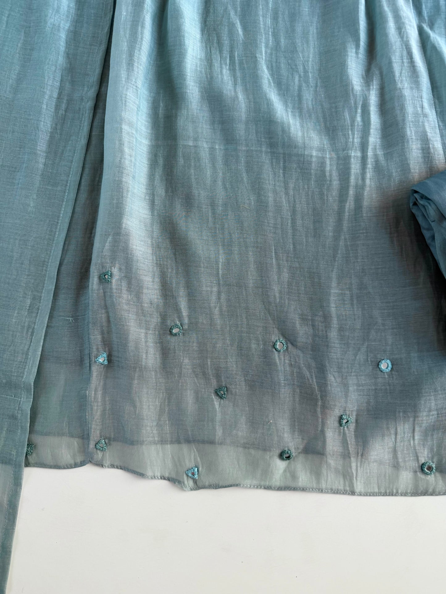 K350 - Mul chanderi mirror embroidered Aline Kurti with pants and dupatta