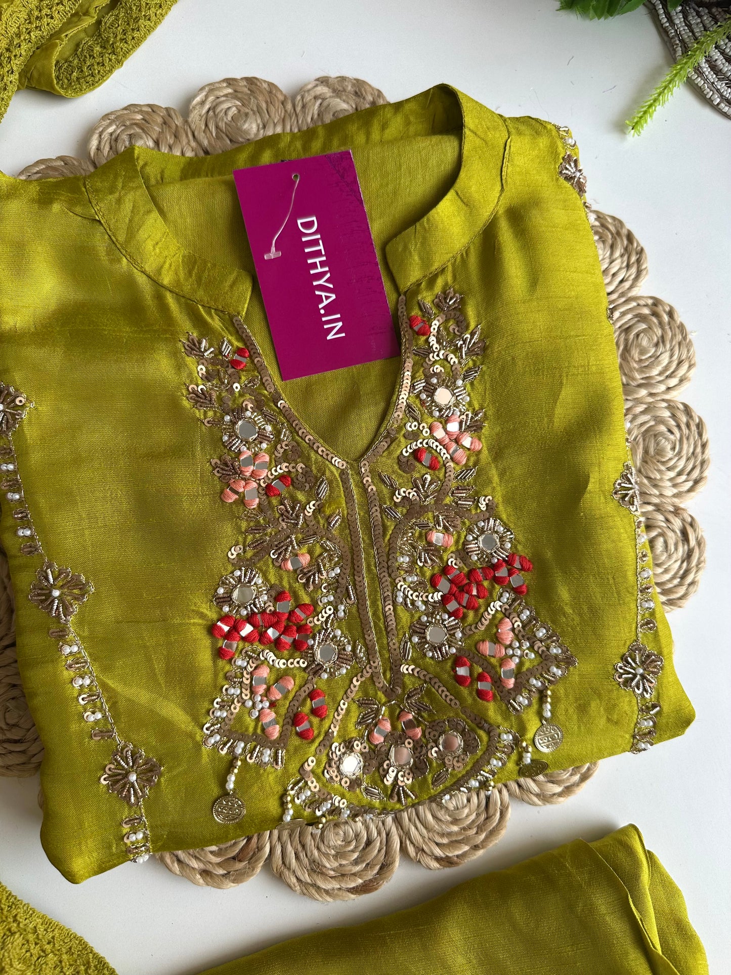 K146 - Russian silk handwork straight Kurti with pants and dupatta