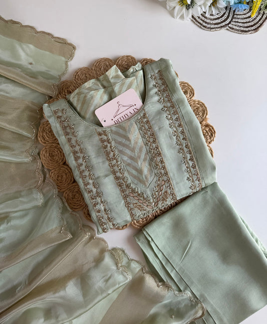 K133 - Tissue silk handwork Anarkali with pants and dupatta