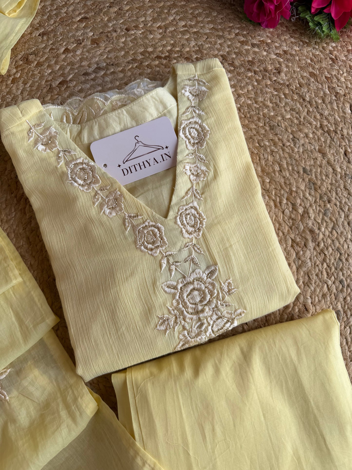 K205 - Crushed mul chanderi embroidered straight Kurti with pants and dupatta