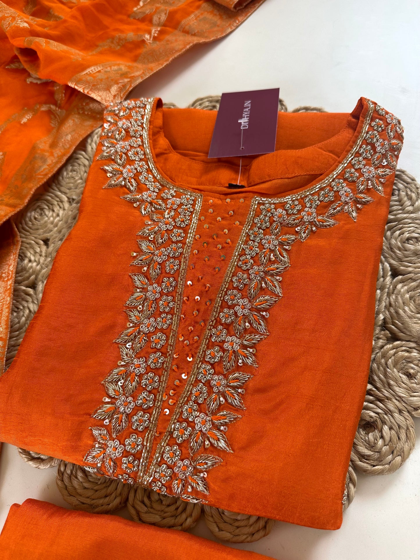 K265 - Russian silk handwork Straight kurti with straight pants and Banarasi silk dupatta .