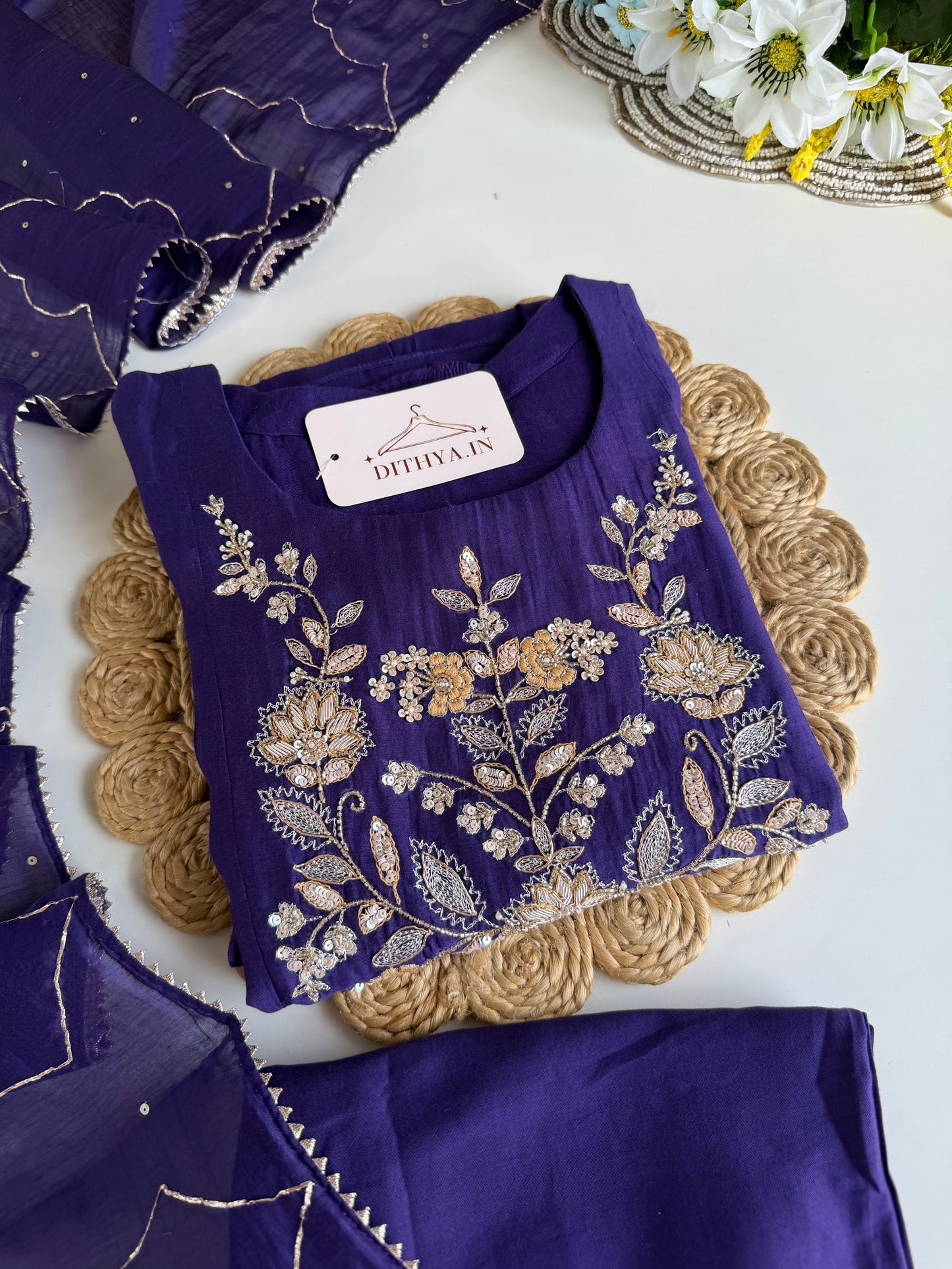 K082 - Mul chanderi handwork Anarkali with pants and dupatta