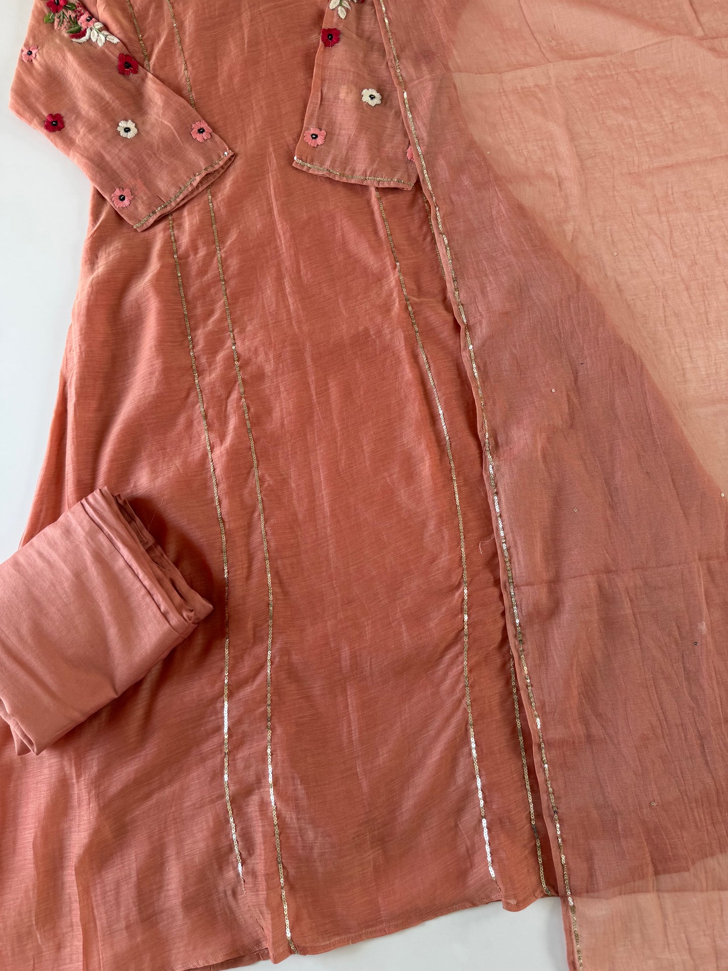 K089 - Mul chanderi handwork aline Kurti with pants and dupatta