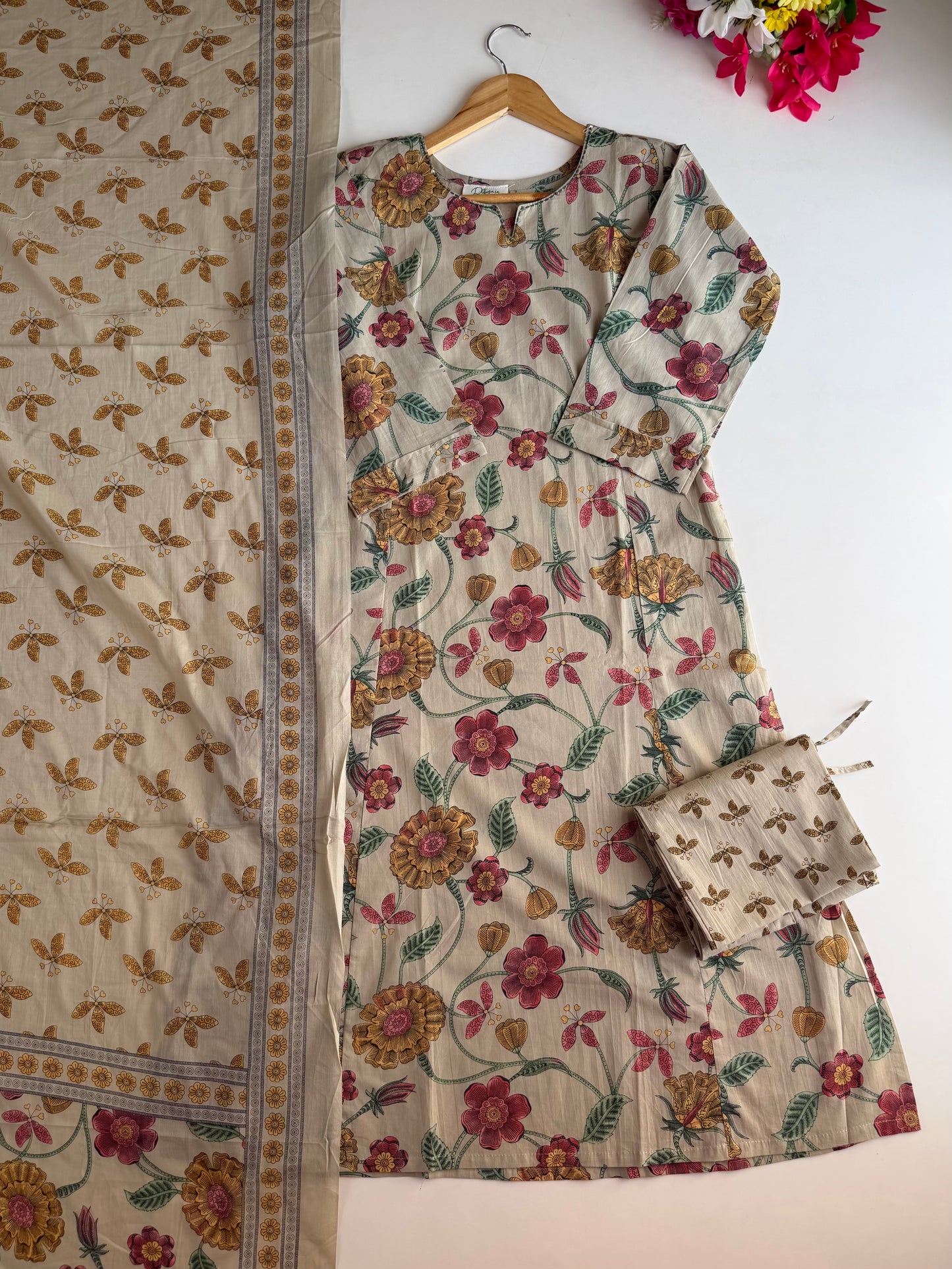 K139 - Mul cotton floral printed Aline Kurti with pants and dupatta