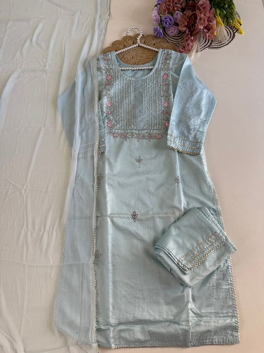 D403-Dola silk straight kurti with pants and dupatta