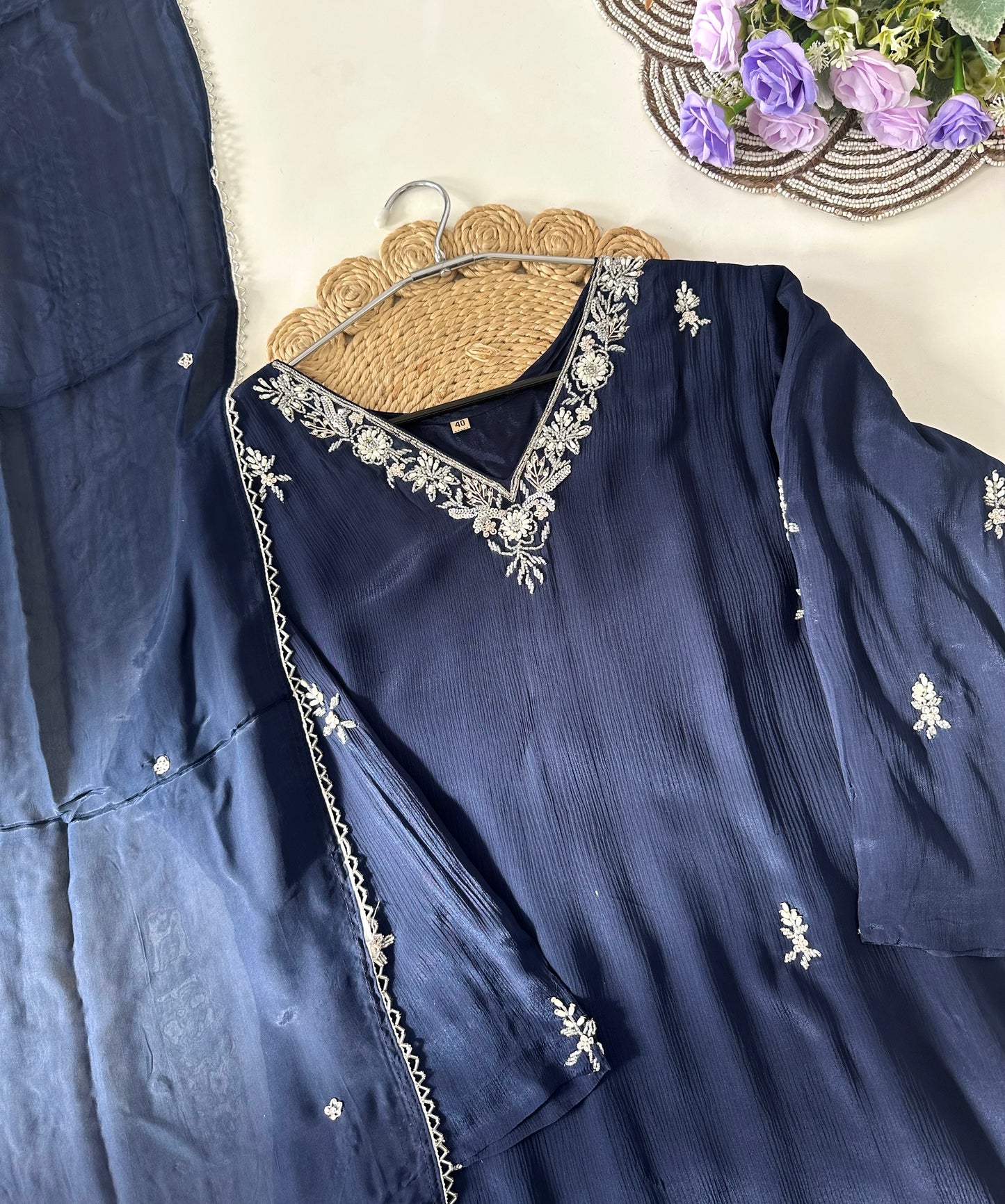 D041 - chinnon silk straight kurti with pants and dupatta