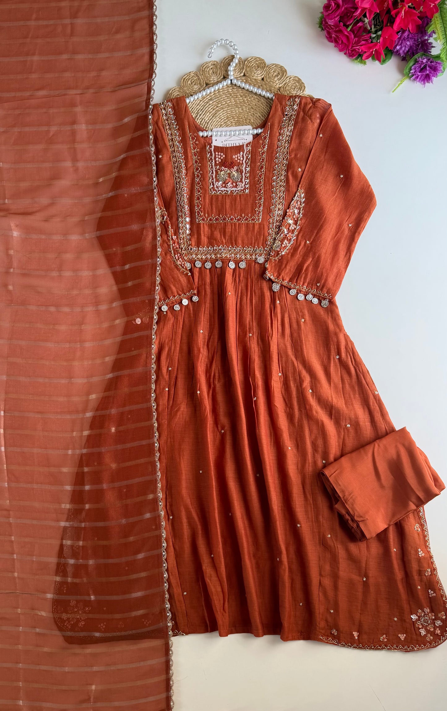 K435 - Mul chanderi handwork Aline Kurti with pants and dupatta