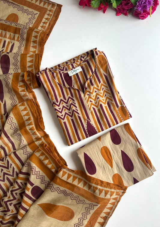 K474 - Mul cotton embroidered straight Kurti with pants and dupatta