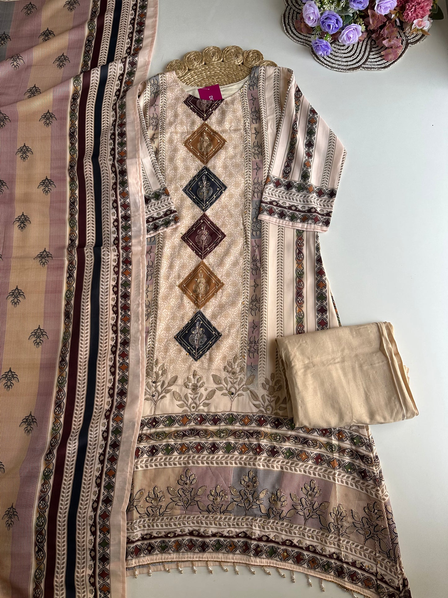 K187 - Rayon printed Aline kurti with pants and dupatta
