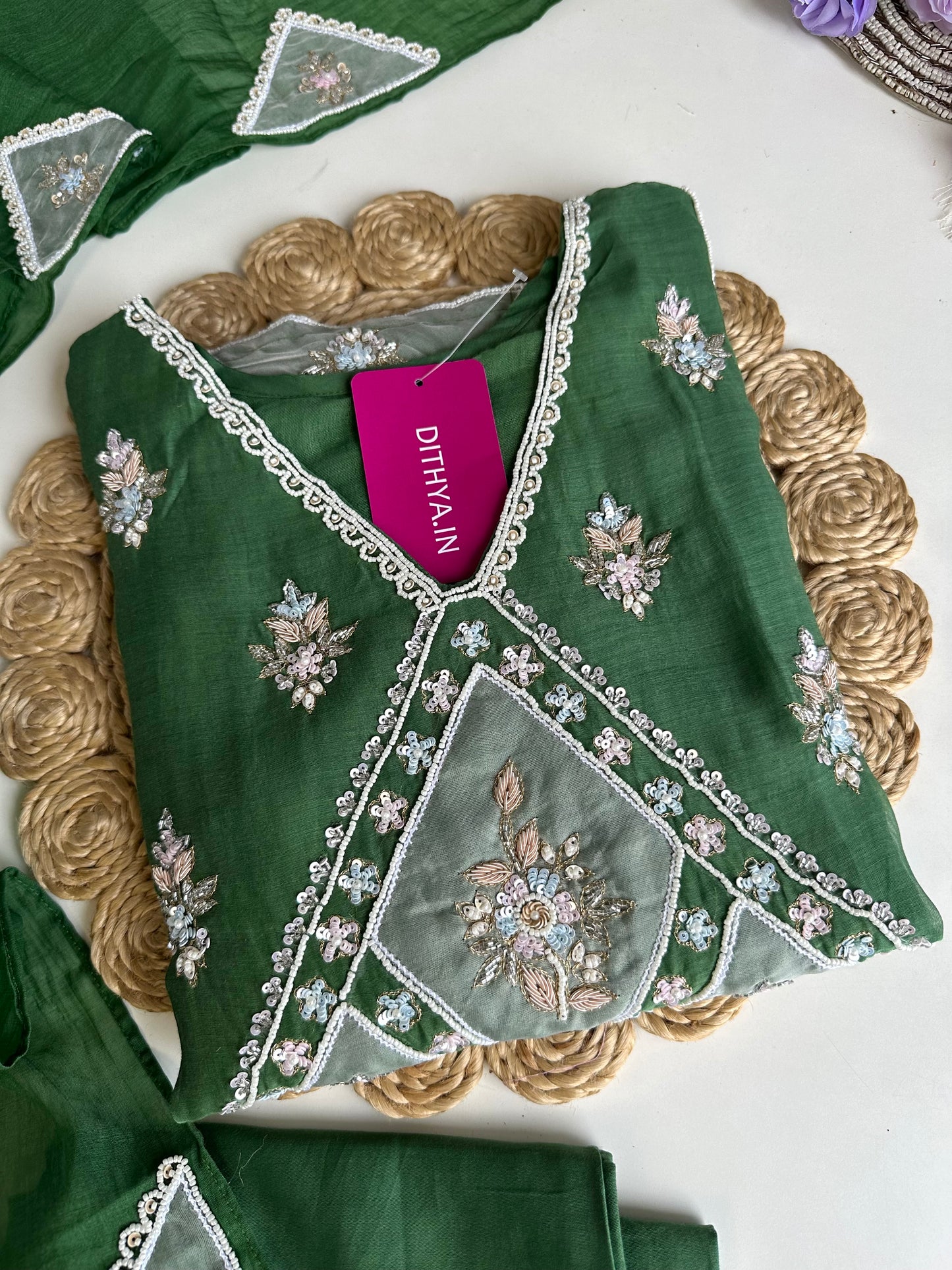 K329 - Mul Chanderi handwork straight Kurti with pants and dupatta