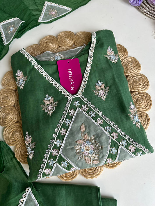 K329 - Mul Chanderi handwork straight Kurti with pants and dupatta
