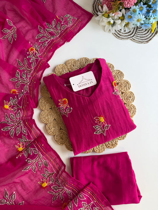 K437 - Mul chanderi Embroidered Aline Kurti with pants and dupatta