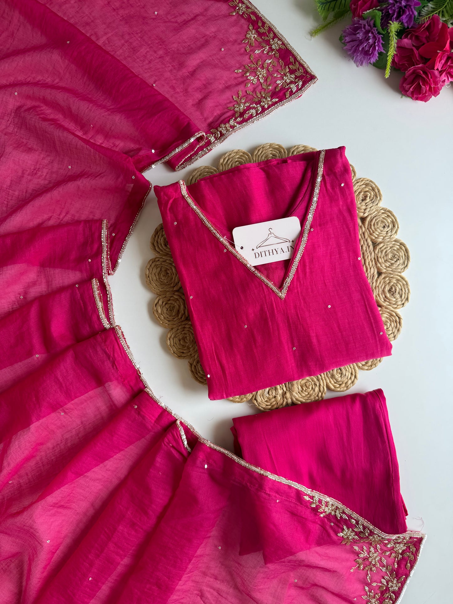 K302 - Mul chanderi handwork aline Kurti with pants and dupatta