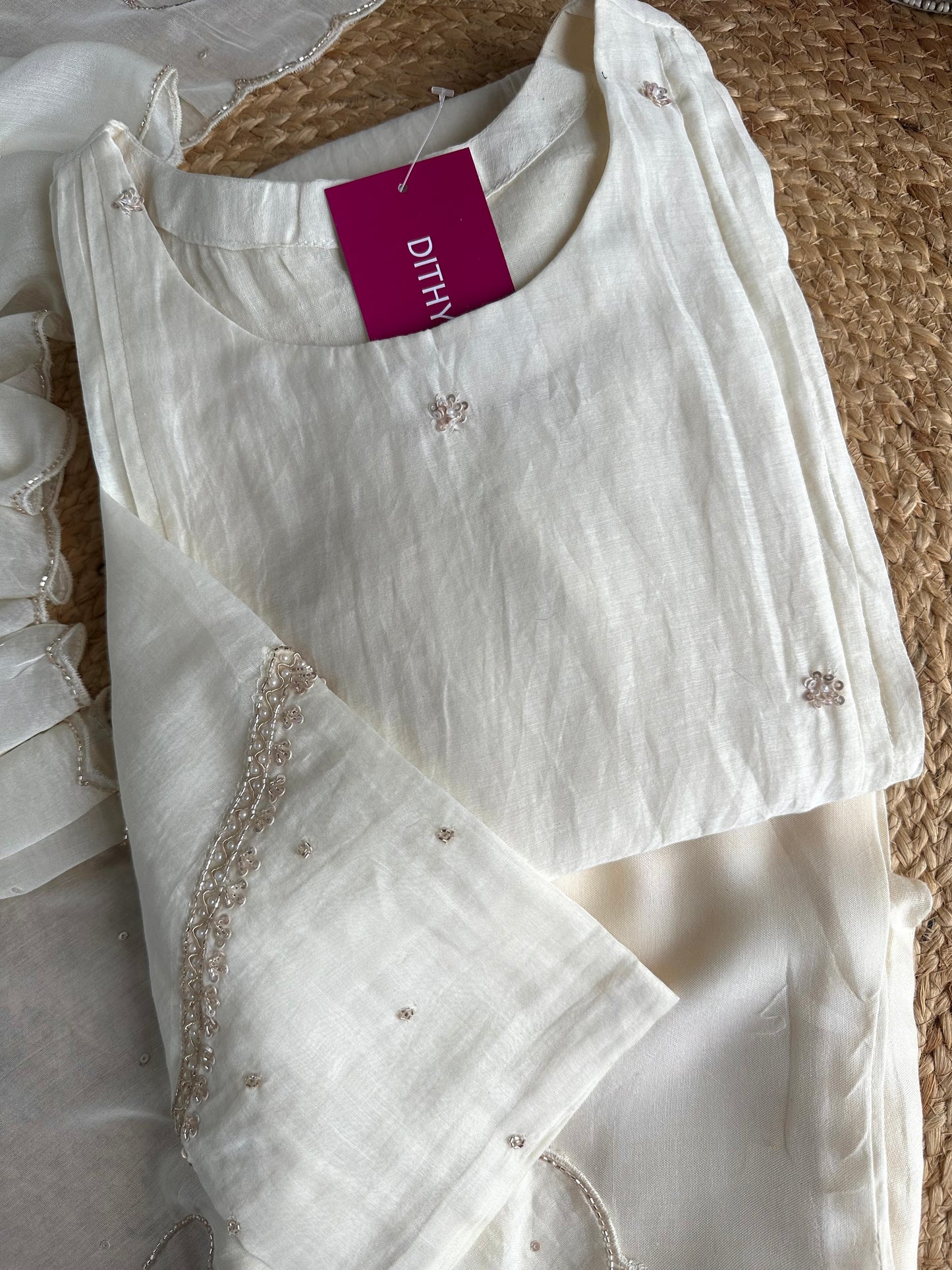 K380 - Mul Chanderi Handwork Aline Kurti with pants and dupatta