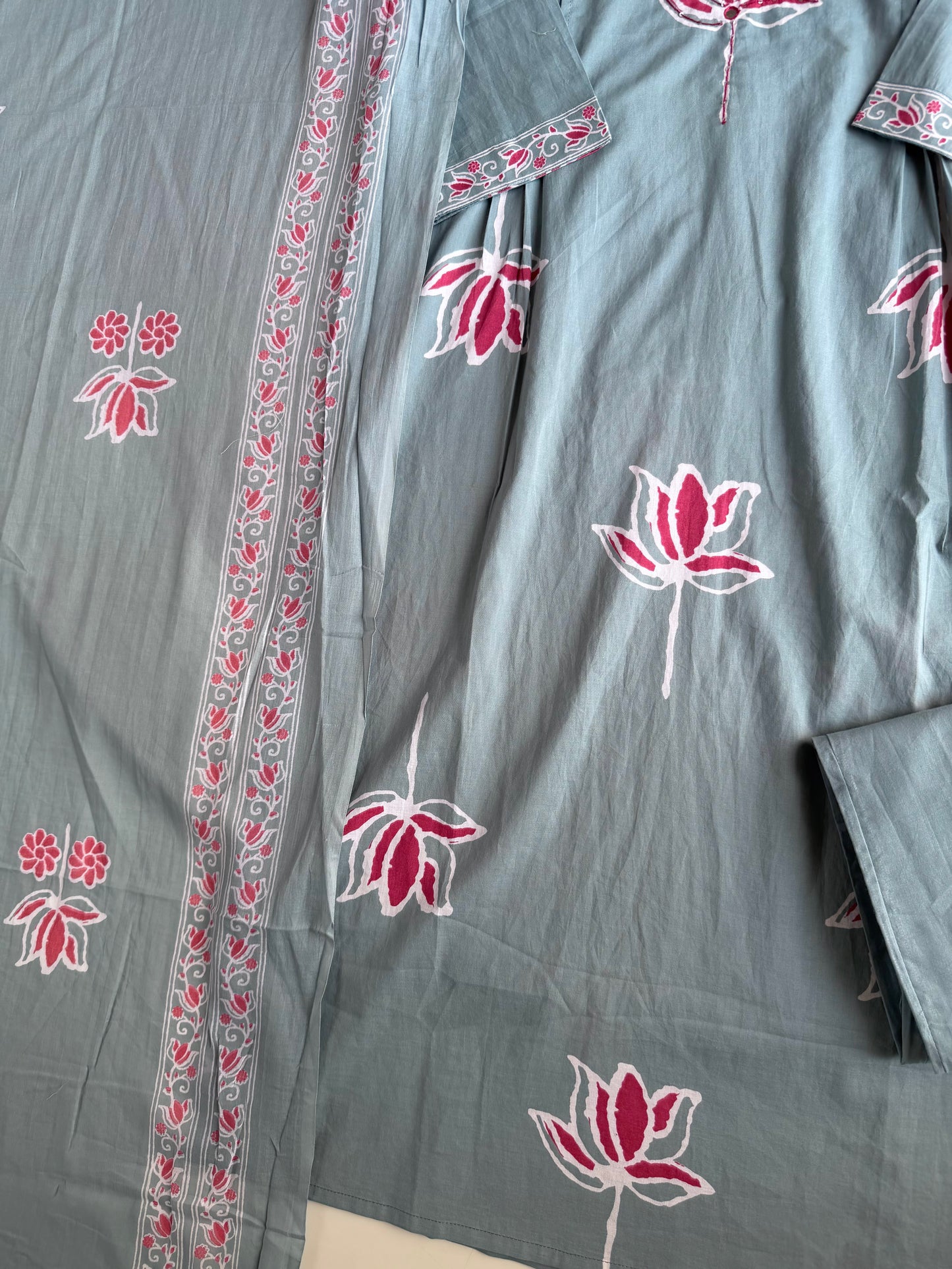 K164 - Mul cotton embroidered Aline Kurti with pants and dupatta in 3 colours