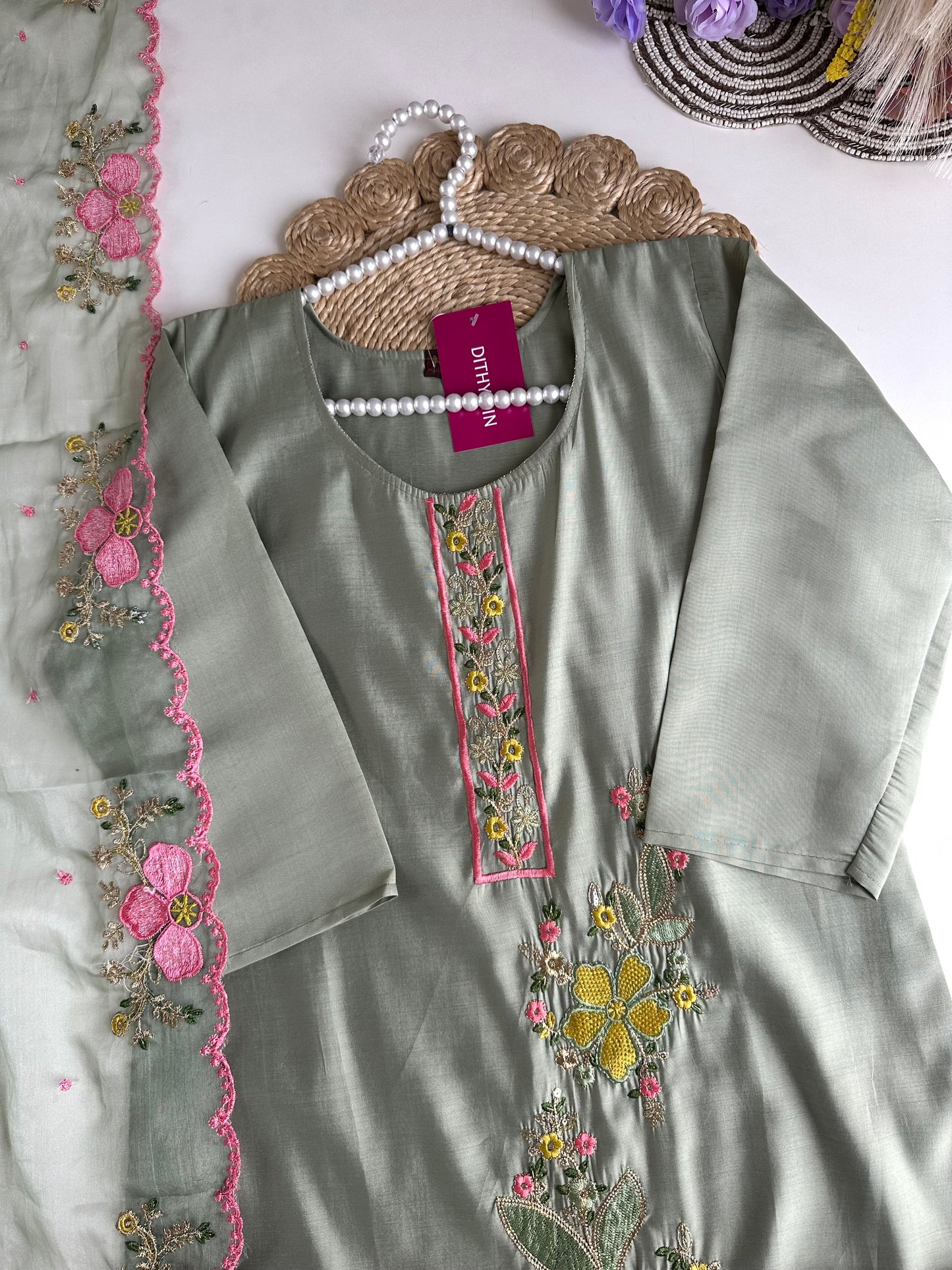 K147 - Roman silk embroidered straight Kurti with pants and dupatta