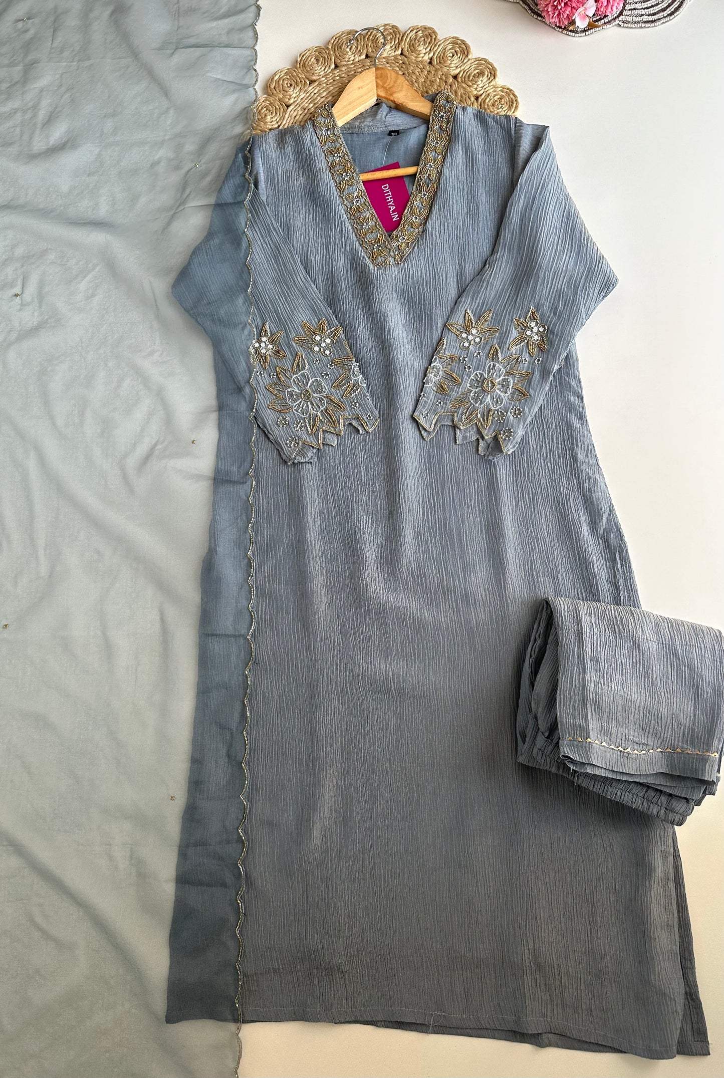 K057 - Crush tissue handwork straight Kurti with pants and dupatta