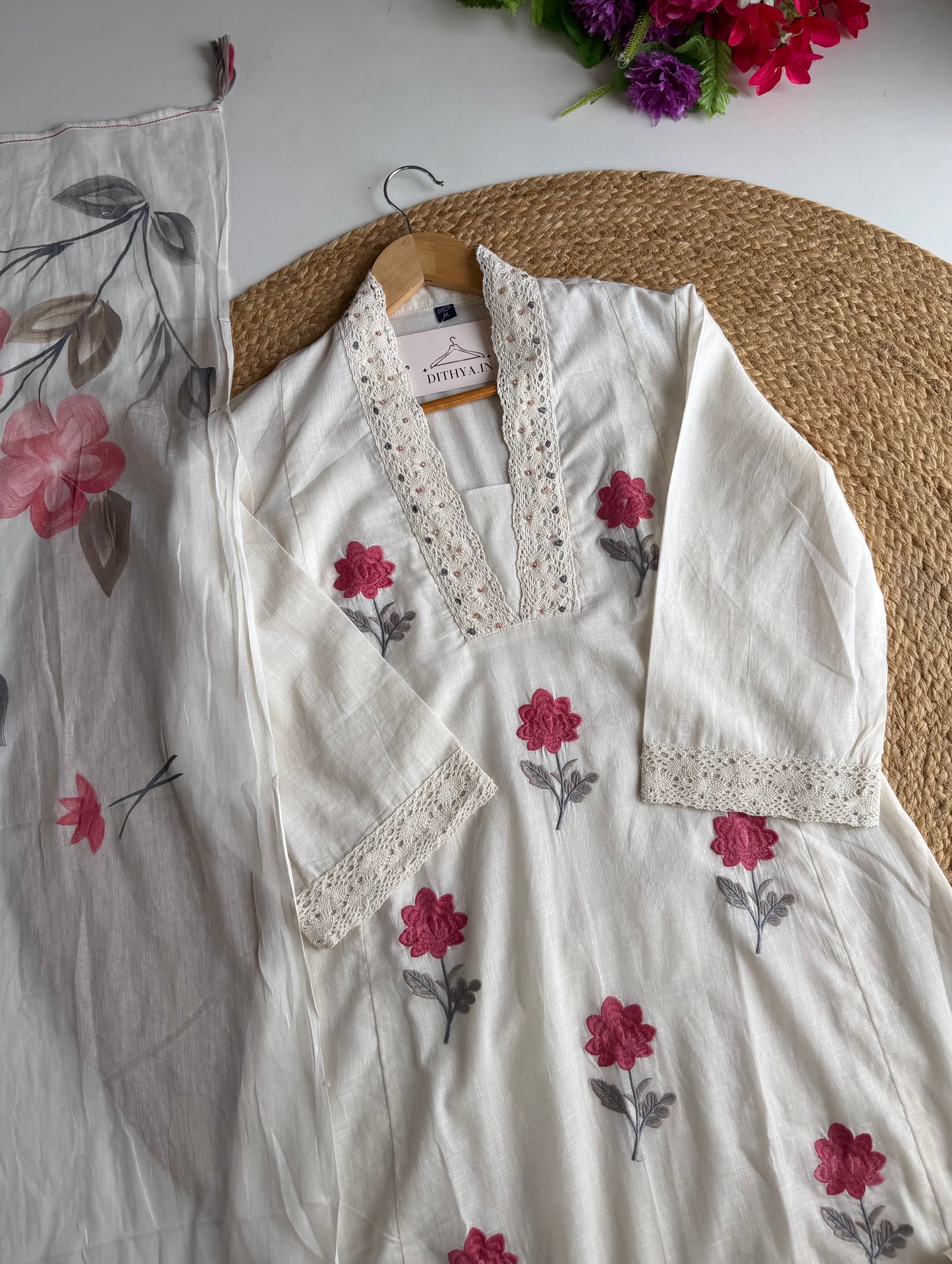 K667 - Mul cotton embroidered straight Kurti with pants and dupatta