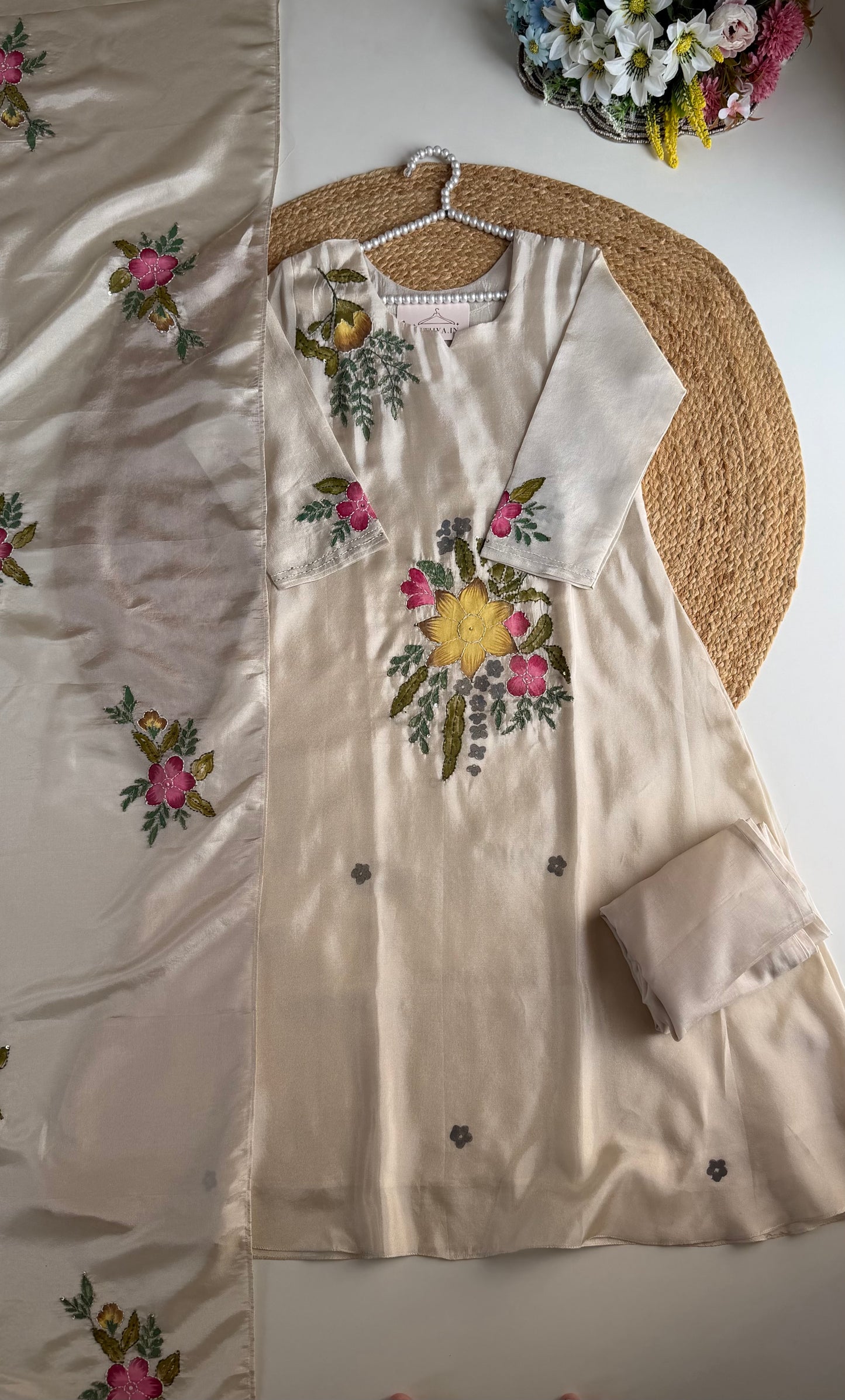 K543 - Tissue silk handwork Aline Kurti with pants and dupatta