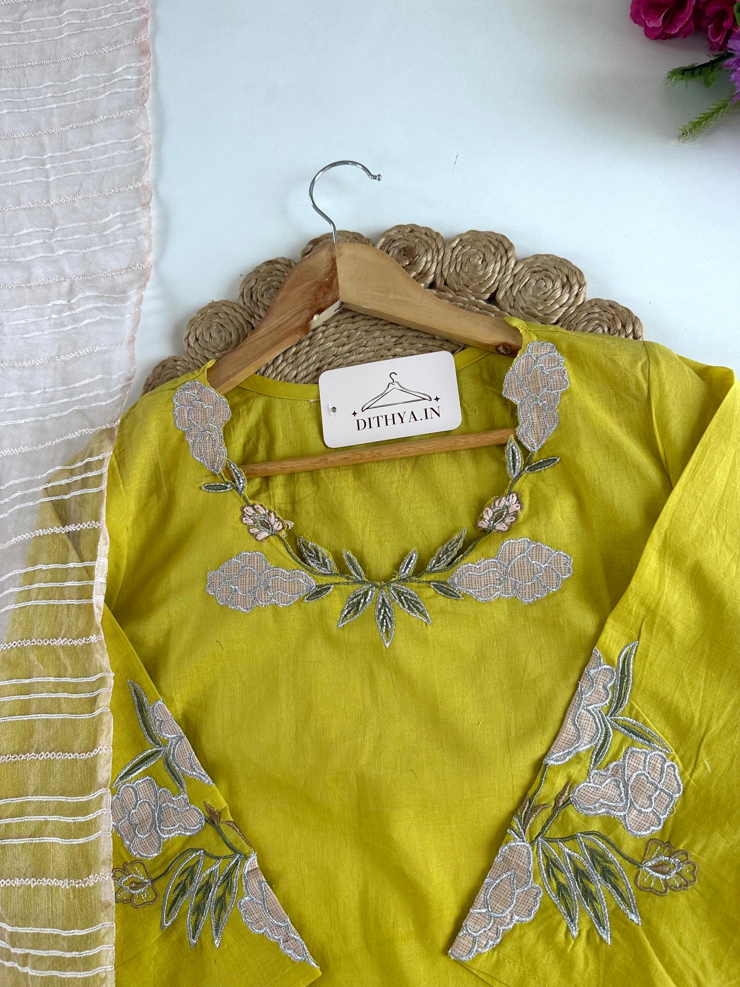 K271 - Mul cotton embroidered straight Kurti with pants and dupatta