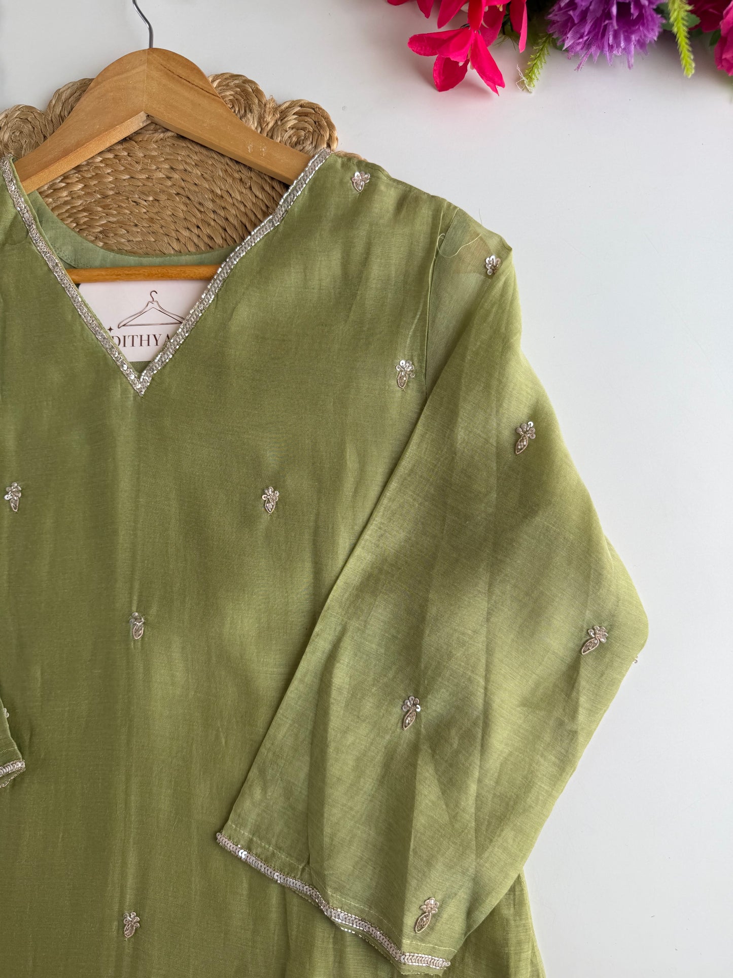 K638 - Mul chanderi handwork Aline Kurti with pants and dupatta