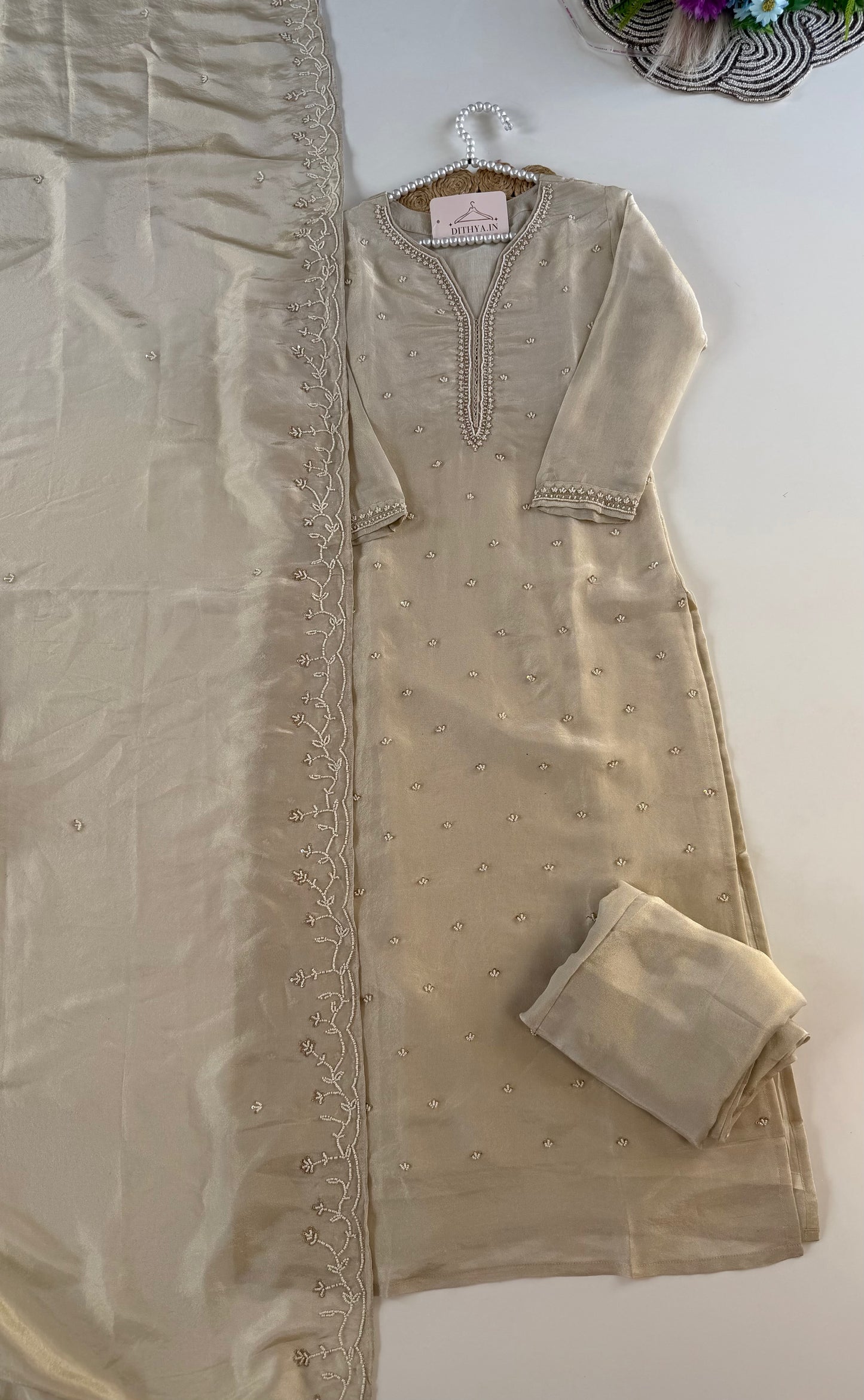 K602 - Tissue silk pearl work straight Kurti with pants and dupatta in 2 colours