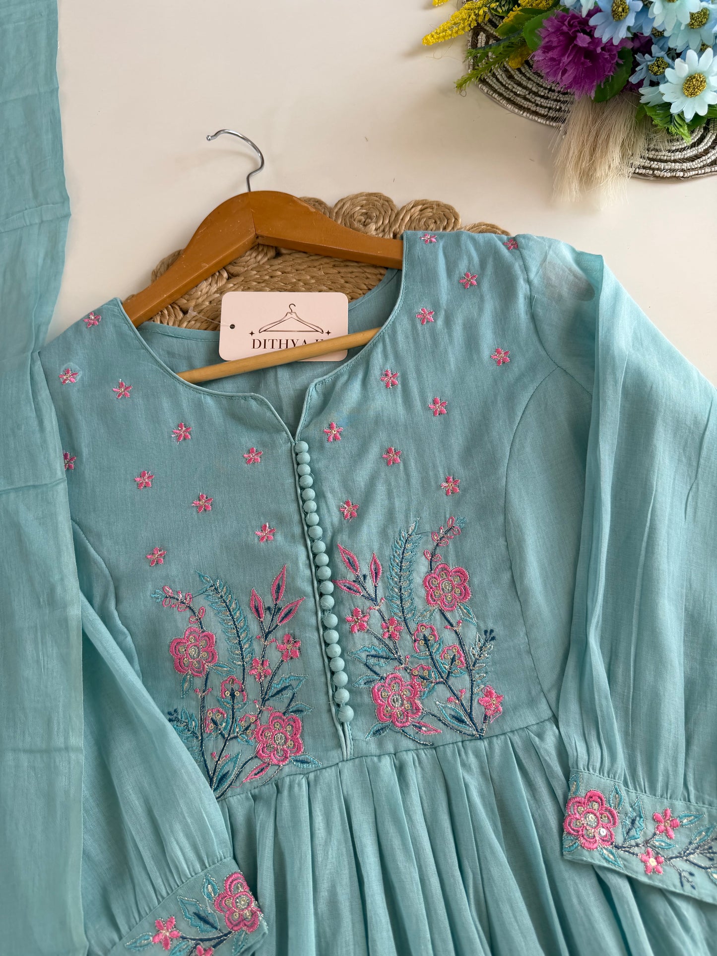 K598 - Cotton embroidered anarkali with pants and dupatta