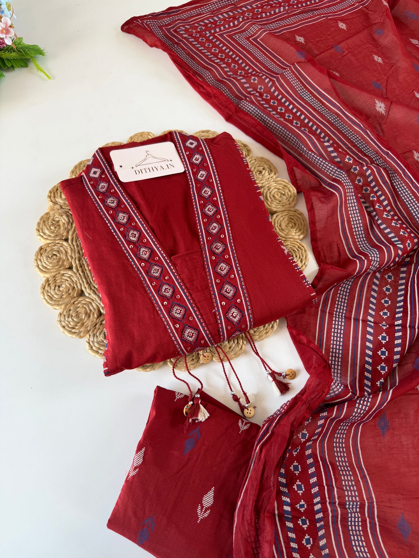 K692 - Mul cotton embroidered Aline Kurti with pants and dupatta
