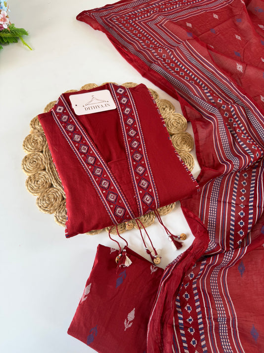 K692 - Mul cotton embroidered Aline Kurti with pants and dupatta