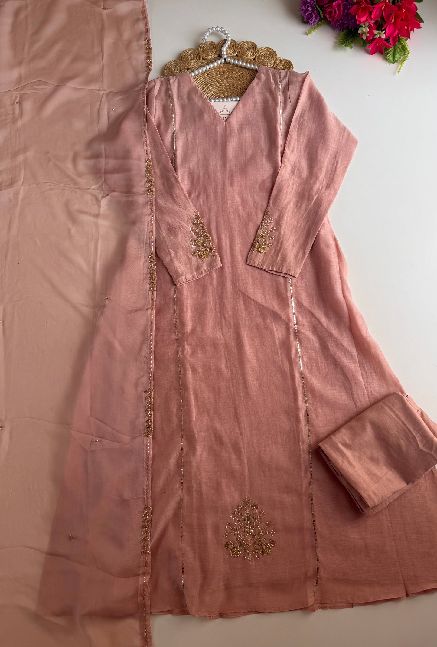 K564 - Mul chanderi handwork aline Kurti with pants and dupatta