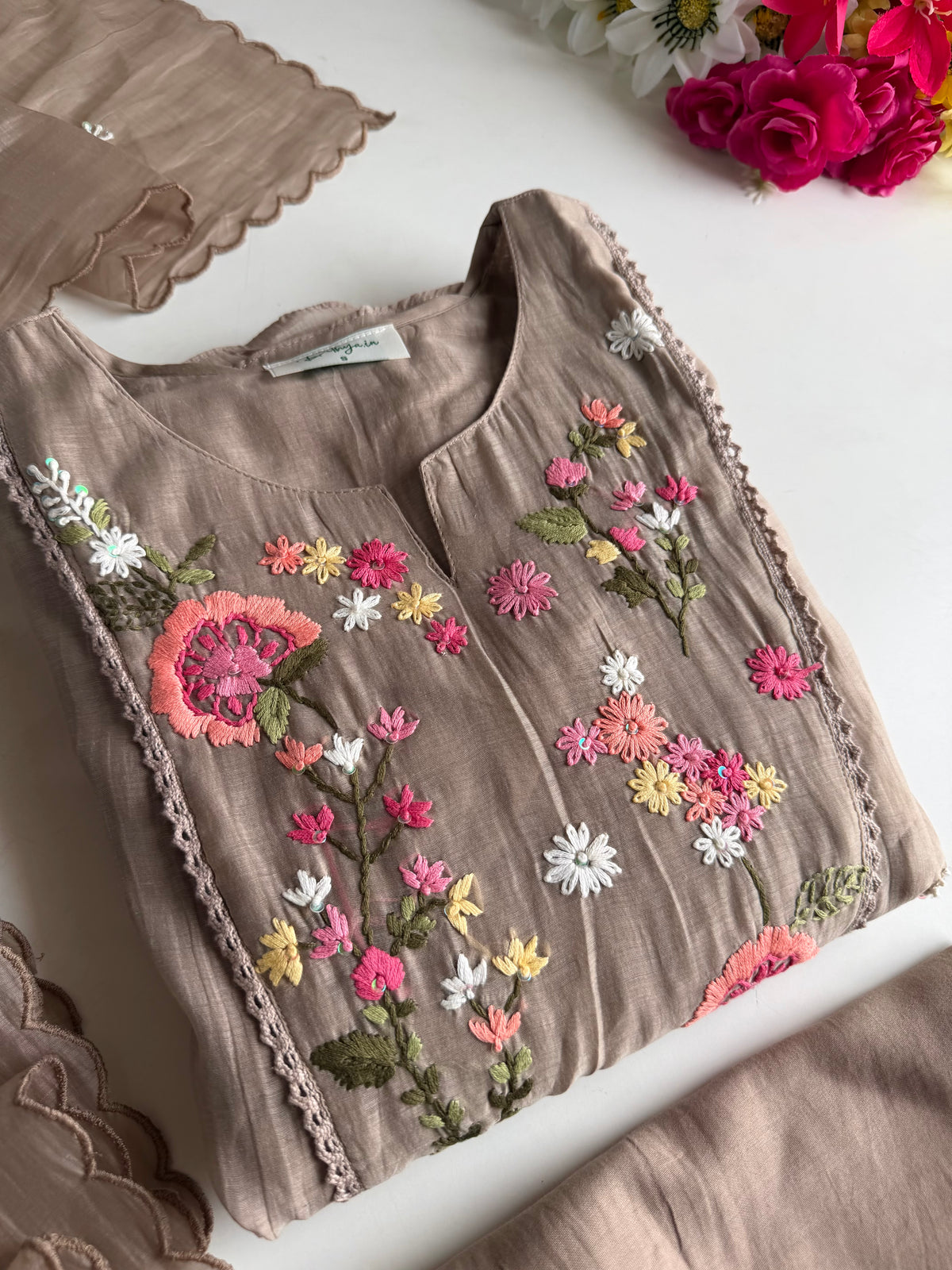 K711 - Mul chanderi embroidered Anarkali with pants and dupatta