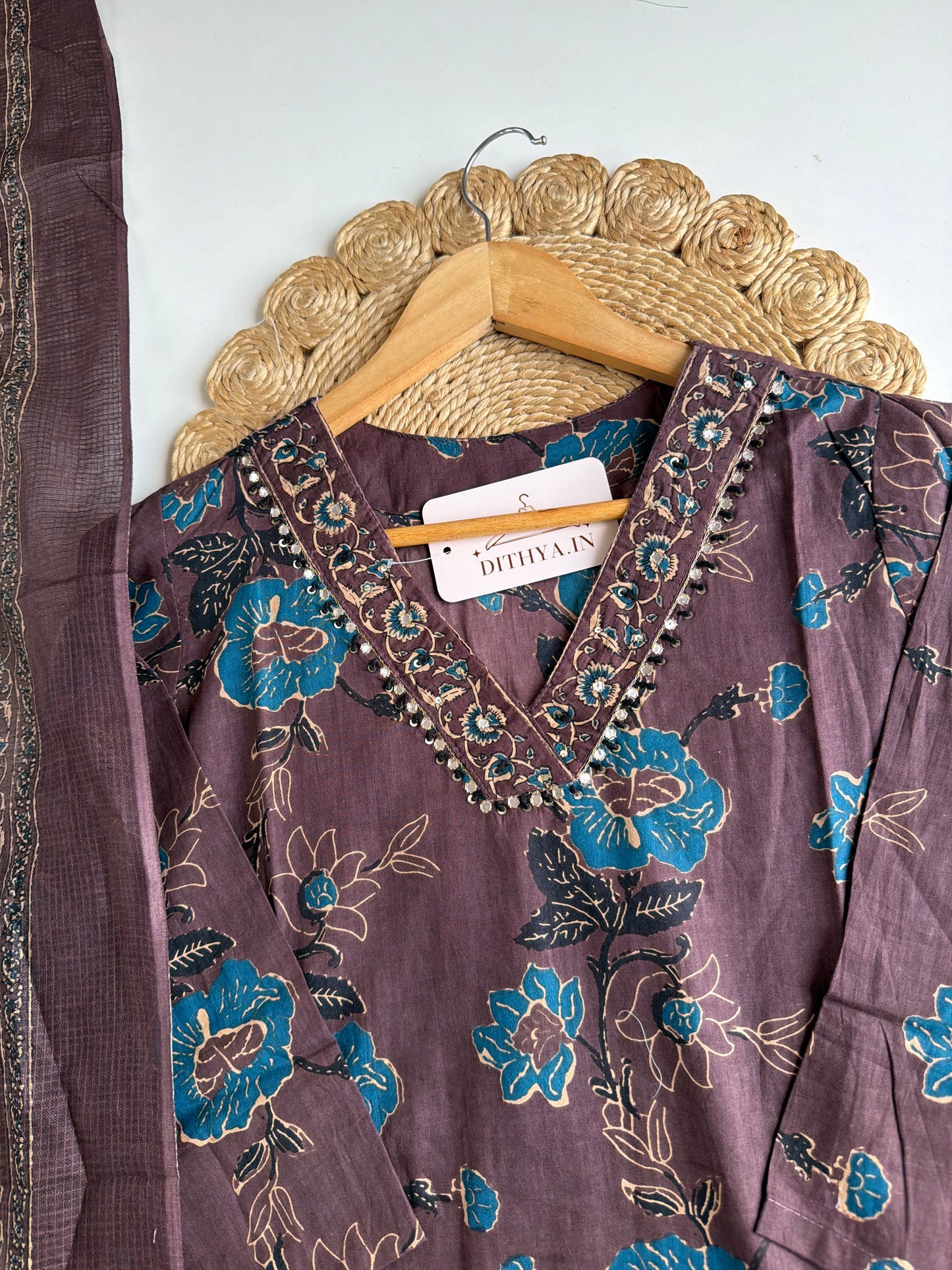 K163 - Mul cotton embroidered Aline Kurti with pants and dupatta
