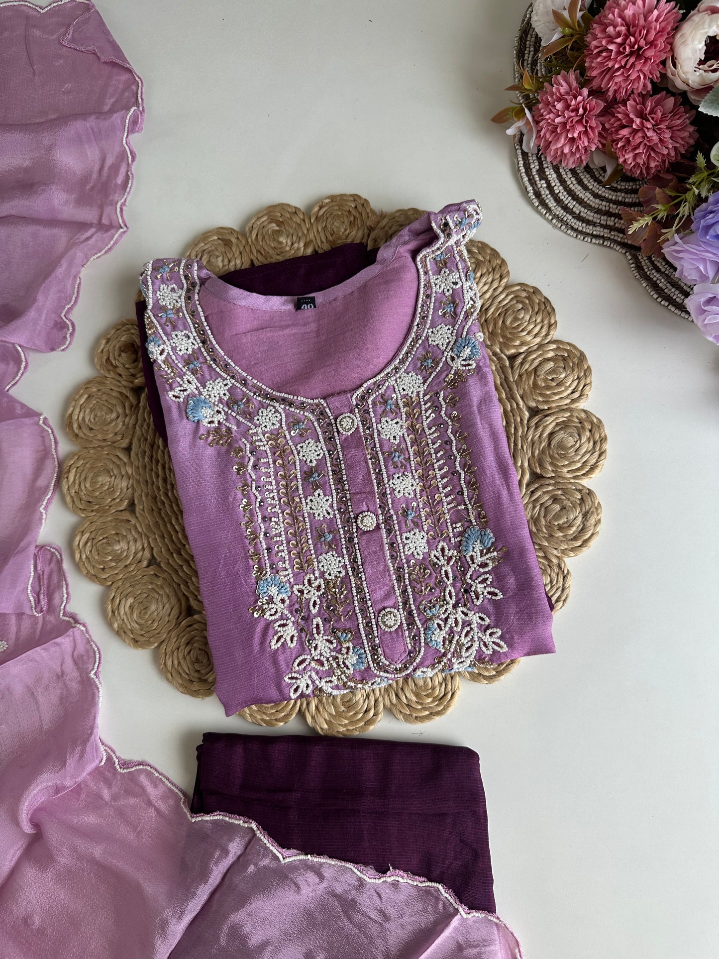 D066 -Russian silk straight kurti with pants and dupatta