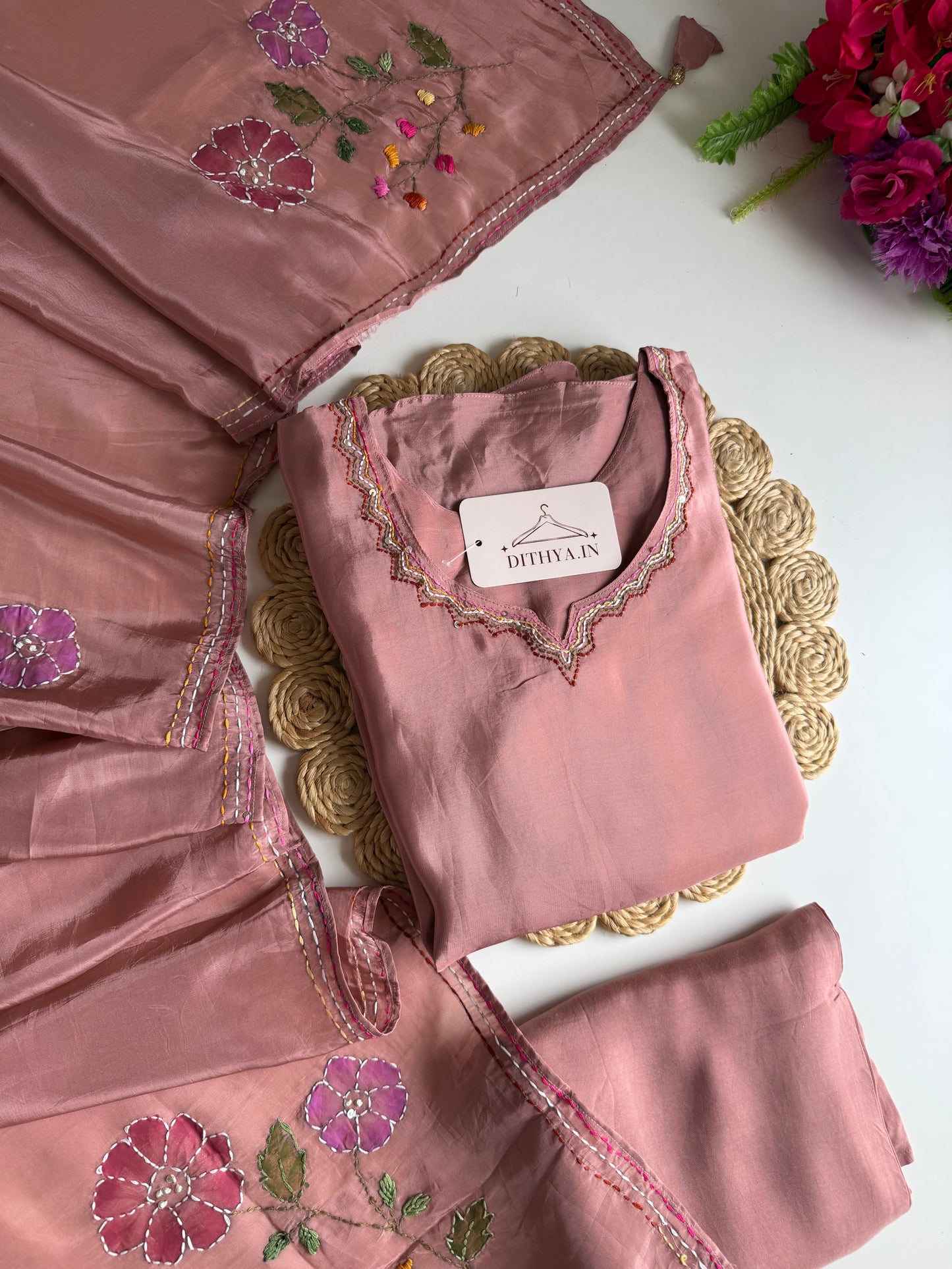 K644 - Pure crape embroidered Aline Kurti with pants and dupatta