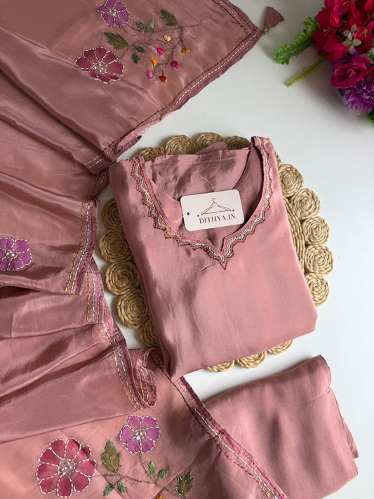 K644 - Pure crape embroidered Aline Kurti with pants and dupatta