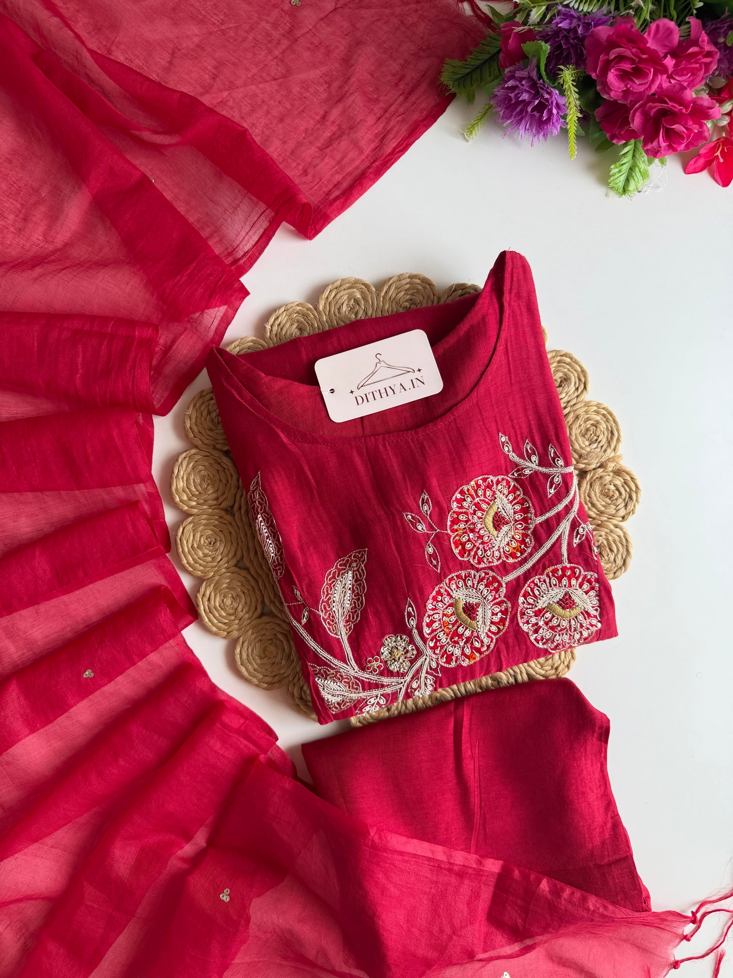 K465 - Mul chanderi handwork Aline Kurti with pants and dupatta
