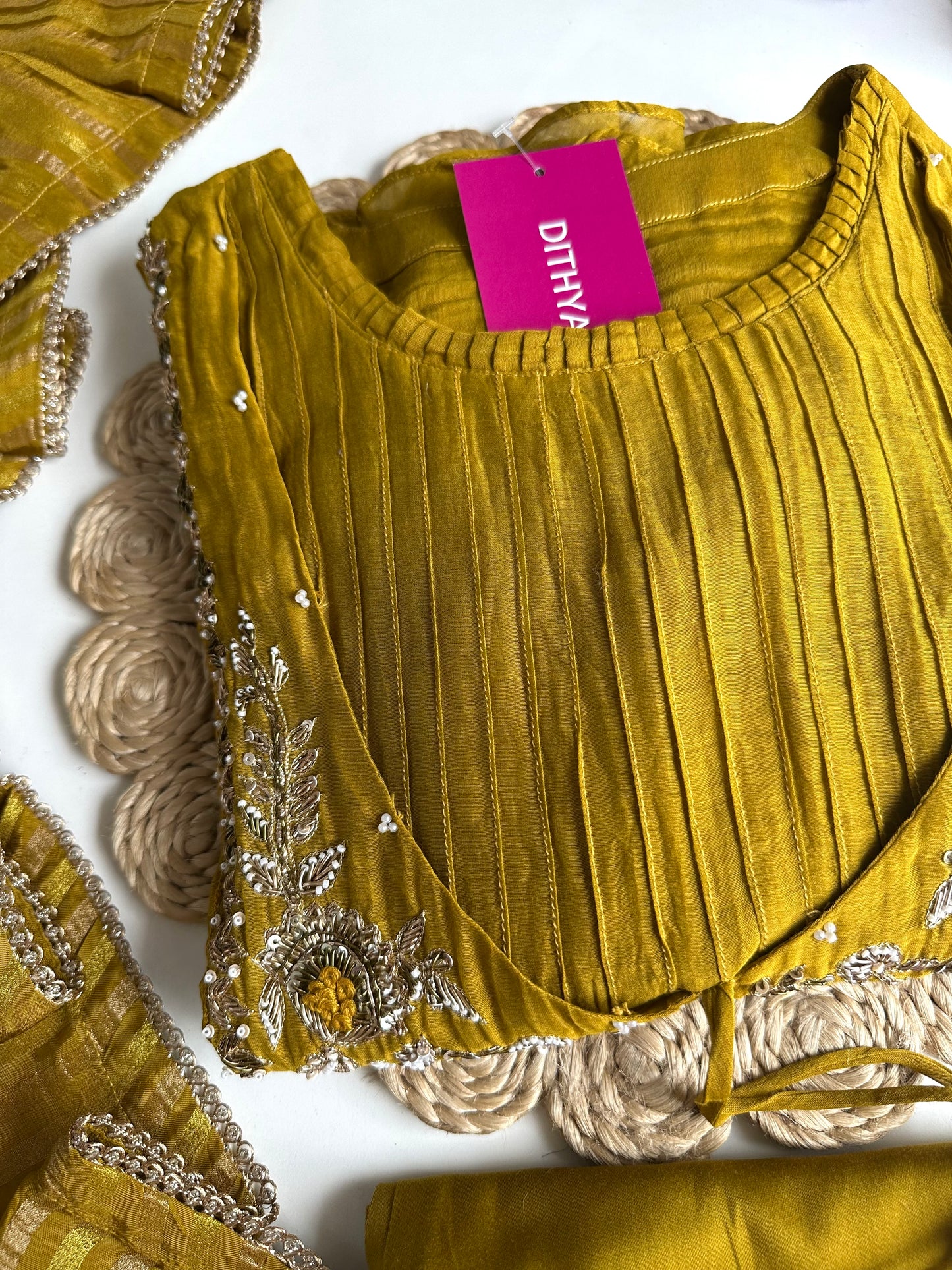 K102 - Mul Chanderi handwork Aline Kurti with pants and dupatta in 2 colours