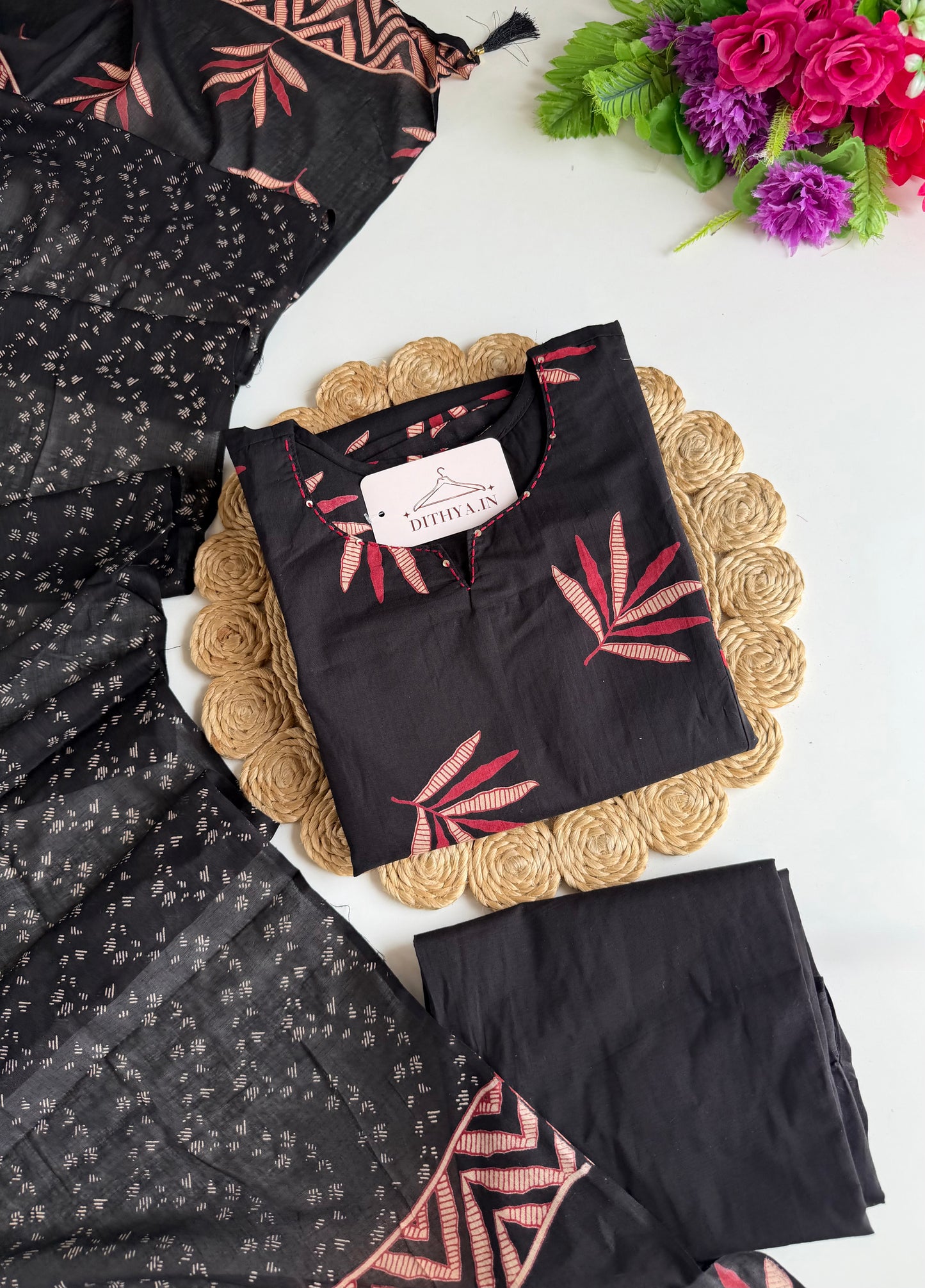 K348 - Mul cotton embroidered Aline Kurti with pants and dupatta