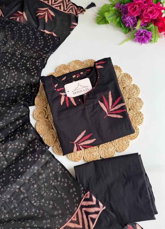 K348 - Mul cotton embroidered Aline Kurti with pants and dupatta
