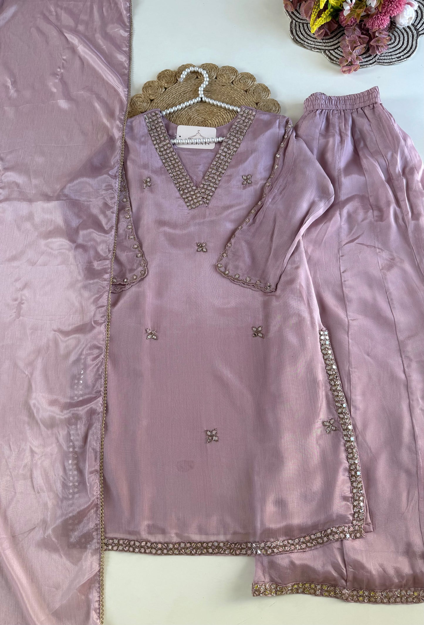 K376 - Pure Chinnon mirror handwork short Kurti with divider pants and dupatta