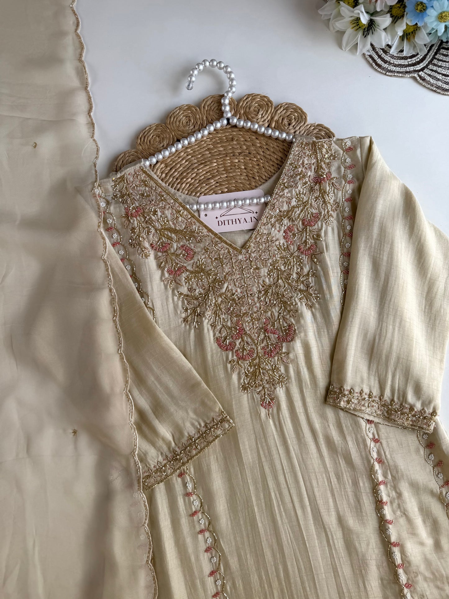 K628 - Russian silk handwork aline Kurti with pants and dupatta