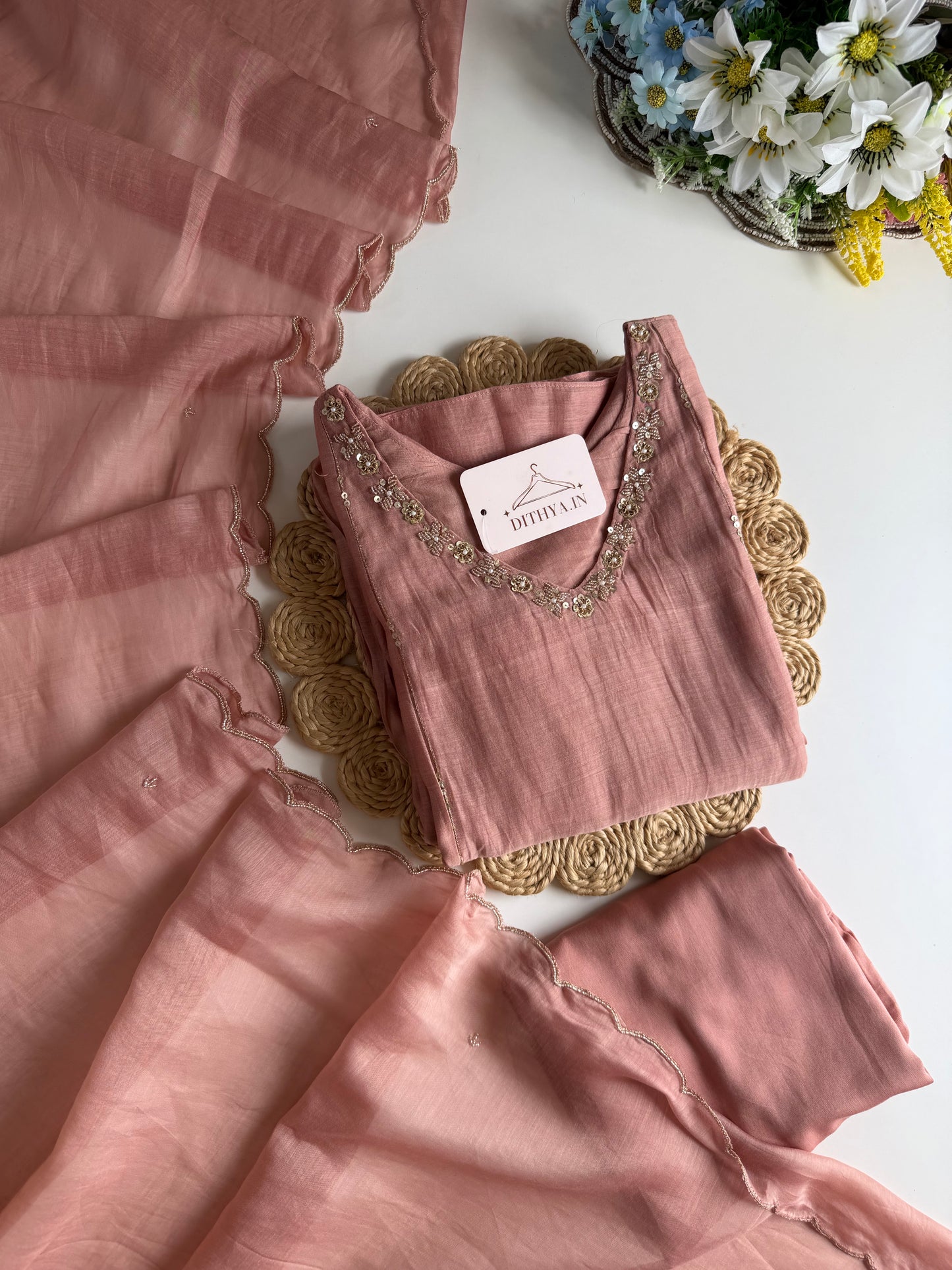 K211 - Mul chanderi handwork Anarkali with pants and dupatta