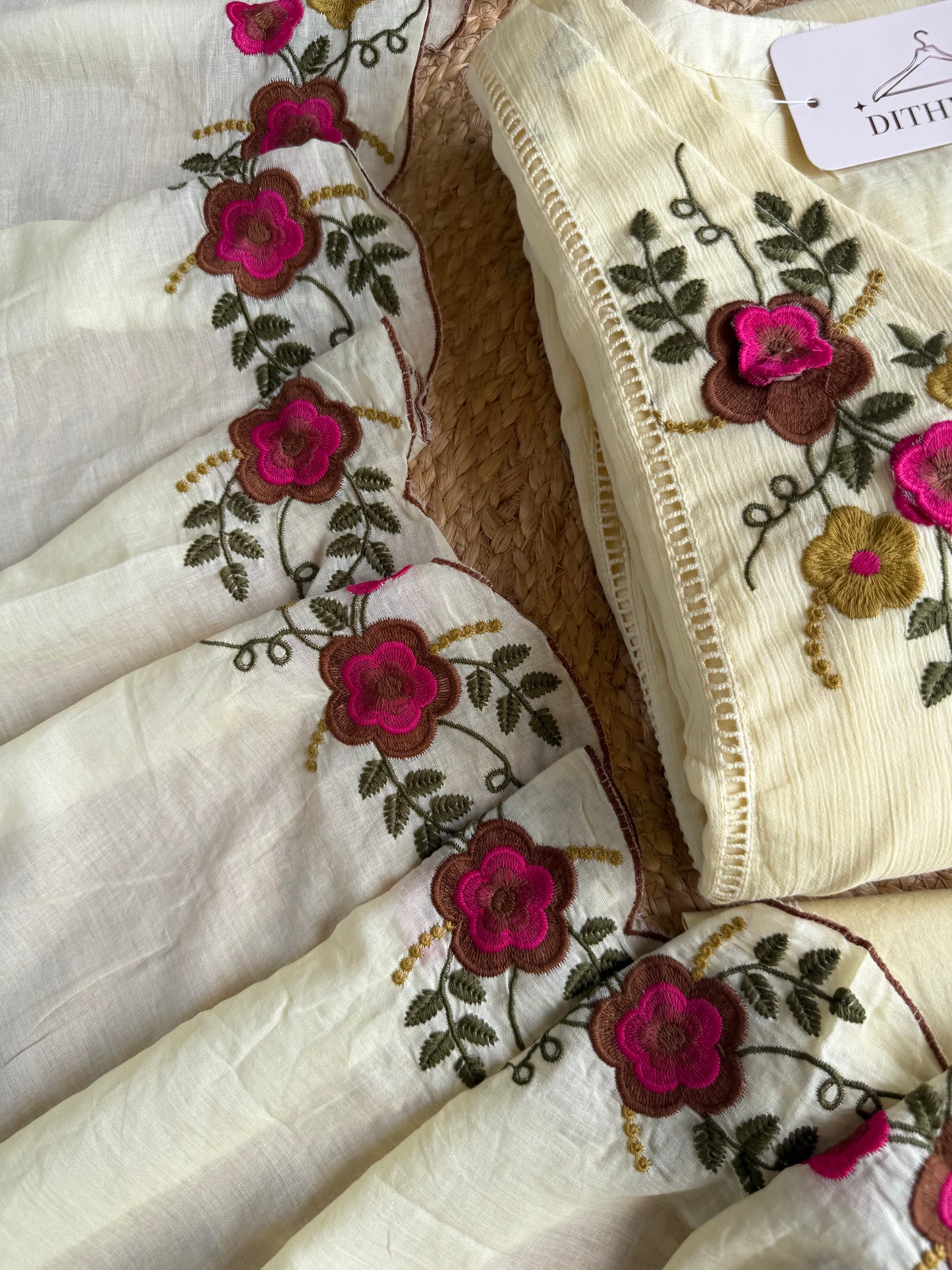 K018 - Crushed cotton 3D embroidered Anarkali with pants and dupatta
