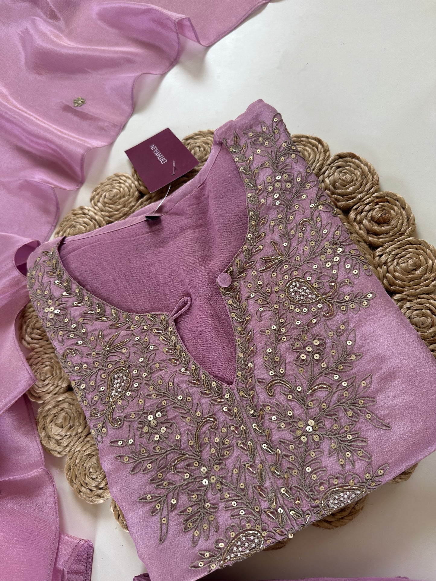 K109 - Tissue silk handwork straight kurti with pants and dupatta .