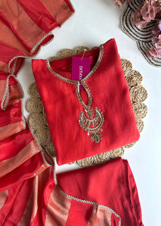 K035 - Mul Chanderi Handwork Aline Kurti with pants and dupatta