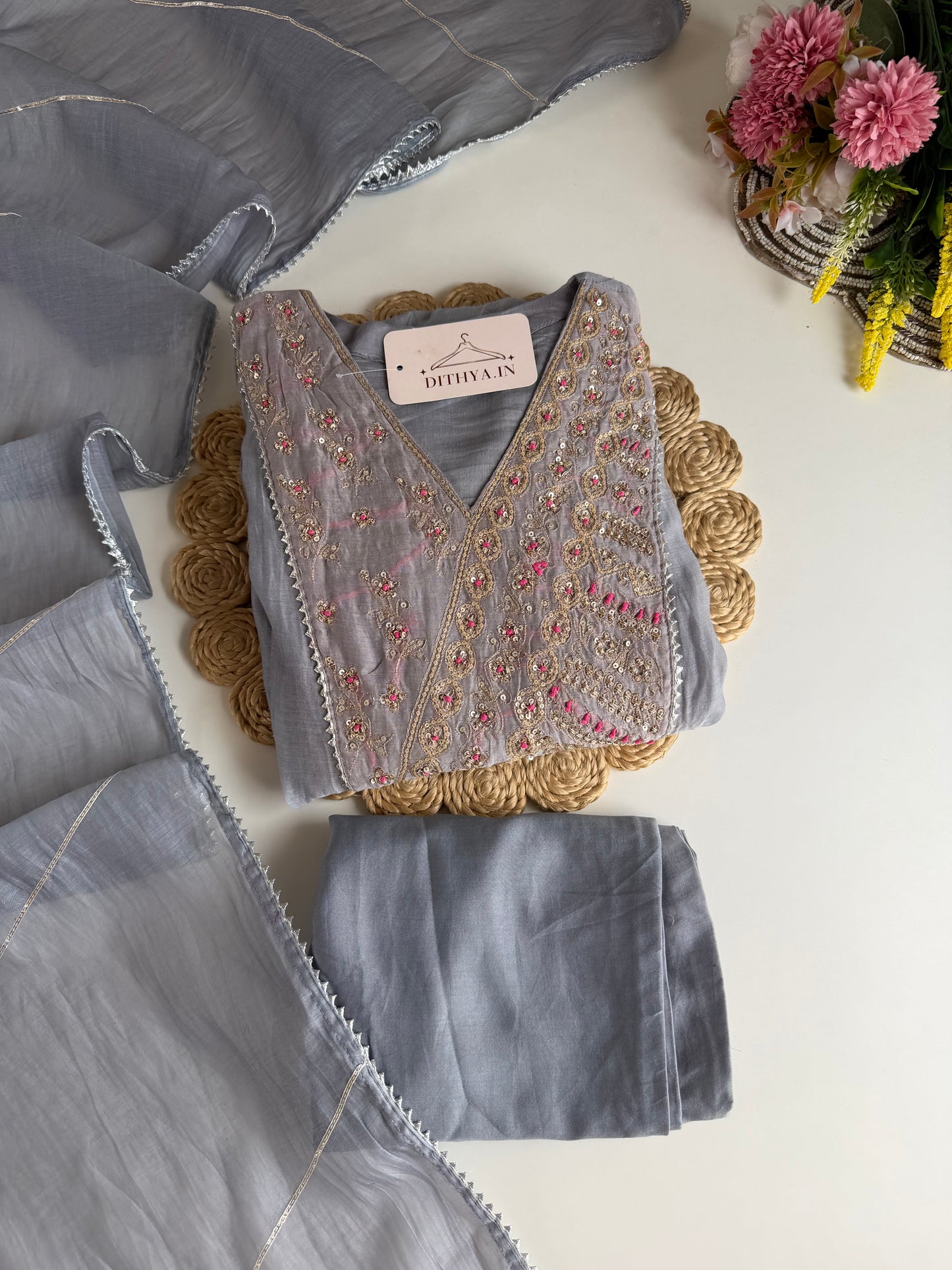 K486 - Mul Chanderi handwork Anarkali with pants and dupatta