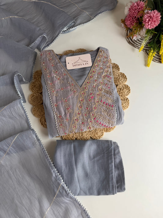 K486 - Mul Chanderi handwork Anarkali with pants and dupatta