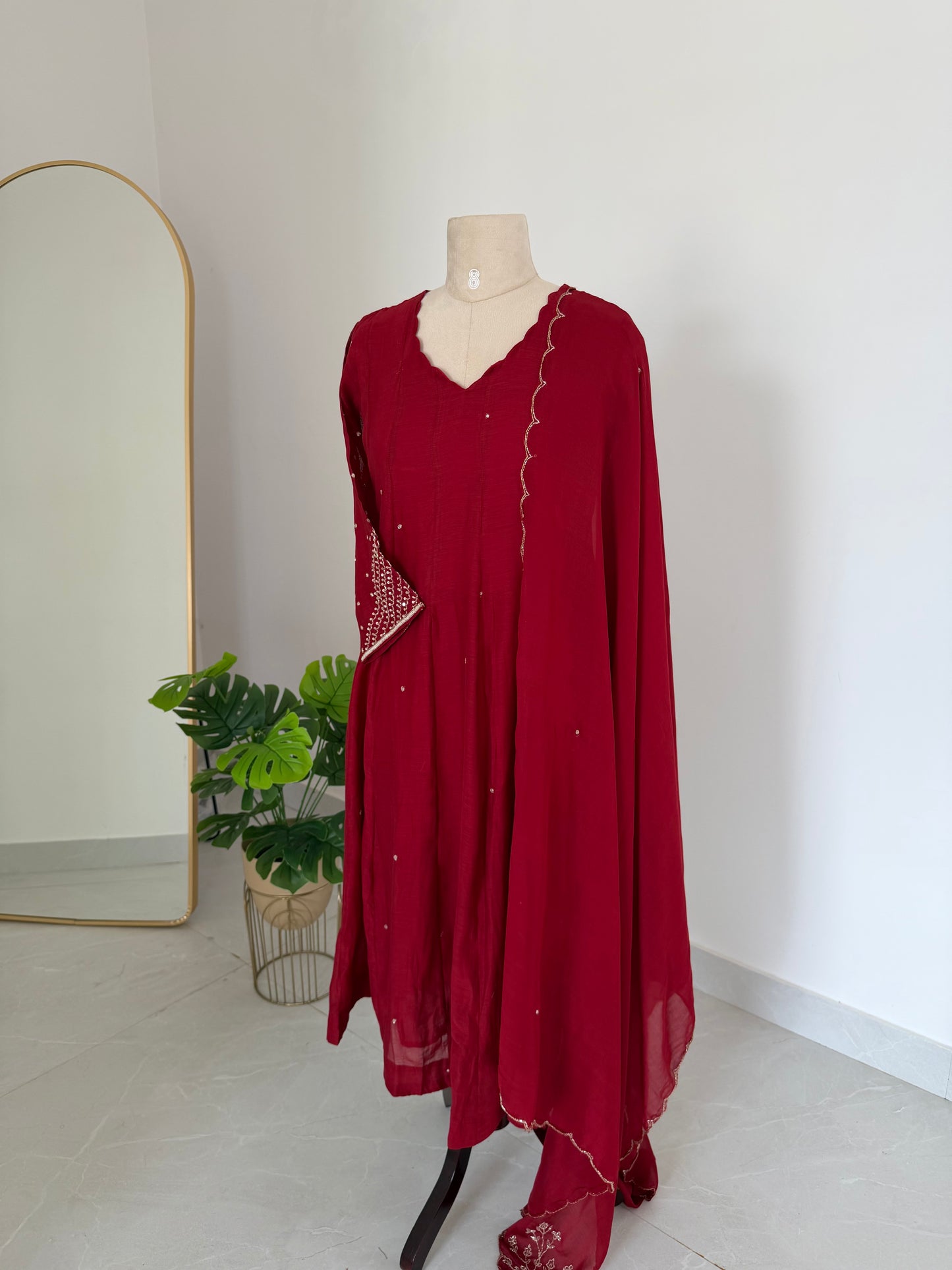 K630 - Mul chanderi handwork aline Kurti with pants and dupatta