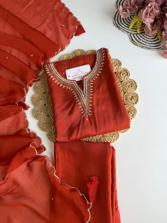 K534 - Russian silk handwork straight Kurti with pants and dupatta