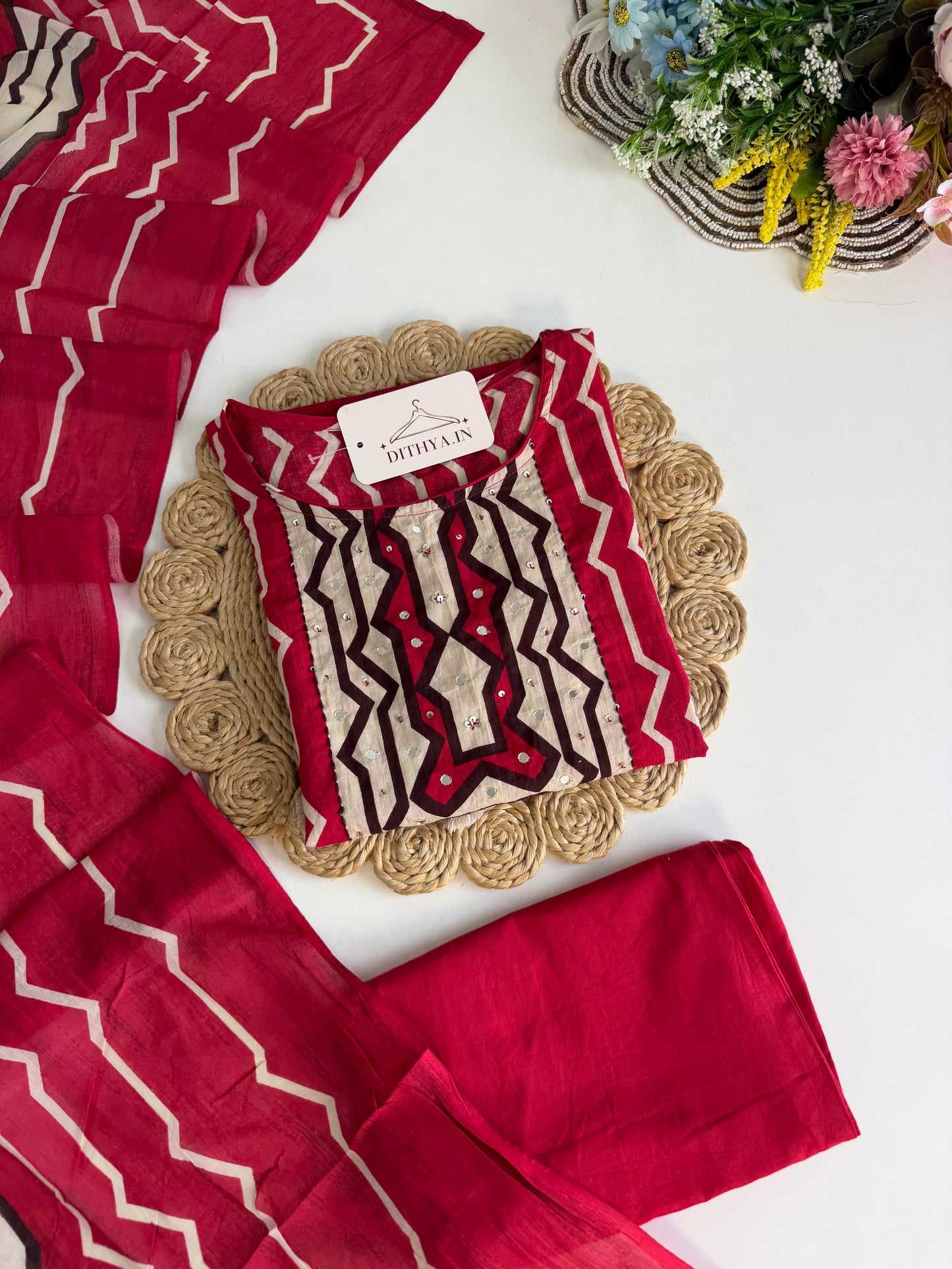 K646 - Mul cotton printed straight Kurti with pants and dupatta